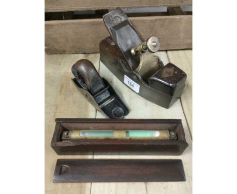A collection of Three Antique tools; two named antique plane- Marples &amp; sons, along with boxed brass sprit level [18cm] 