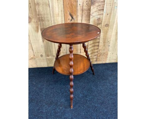 Antique arts and crafts bobbin cricket table. Barrel top, raised on bobble tri legs with another attached shelf. [67cm high. 