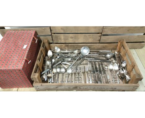 A Silk box containing a collection of good quality antique silver plated cutlery; ladle, forks and knives. 