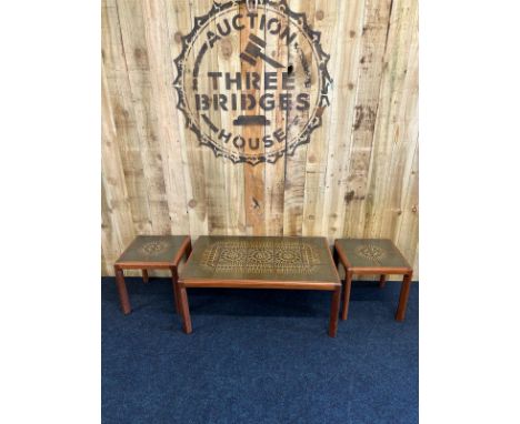 Three matching G-Plan Mid century teak and tile top tables. Coffee table and two matching side tables. [Coffee table- 45x105x