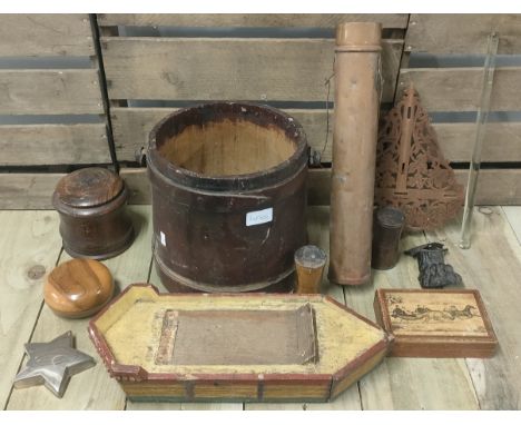 A selection of antique collectables; wooden bound water pail, 19th century box, Antique wooden toy boat model &amp; other ite