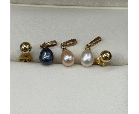 A Pair of 18ct yellow gold studs, together with three 9ct yellow gold and pearl pendants. [0.50grams- 18ct] 