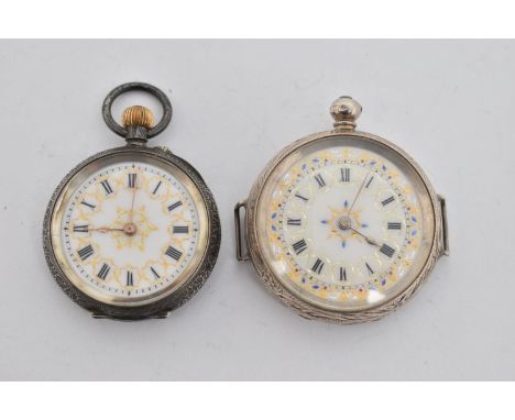 TWO LADIES POCKET WATCHES, the first a key wound, open face pocket watch, Roman numeral dial, foliate pattern case with vacan