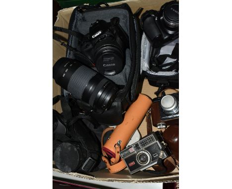 ONE BOX OF VINTAGE CAMERAS AND BINOCULARS, to include a leather cased Hilkin telescope 25X30mm, a pair of zoom binoculars 8-2