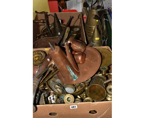 TWO BOXES AND LOOSE METALWARE, to include a copper coffee pot, copper tray, copper and brass spirit warmers Whisky, Brandy an