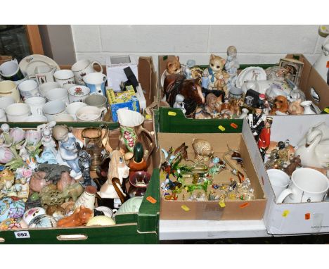 FIVE BOXES OF CERAMICS AND ORNAMENTS, to include five Lomonosov lion cubs and a bear cub, a Coronetti porcelain bar figure 'L