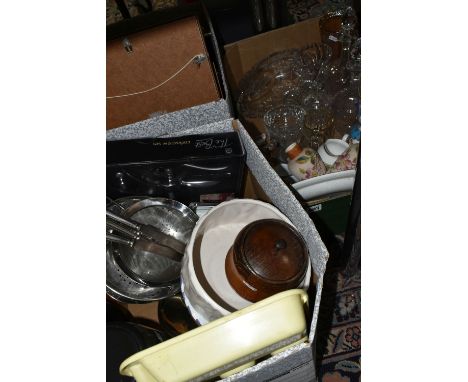 THREE BOXES OF CERAMICS, GLASS, KITCHENWARE AND PICTURE FRAMES, to include a pair of textured vases decorated with roses, cut