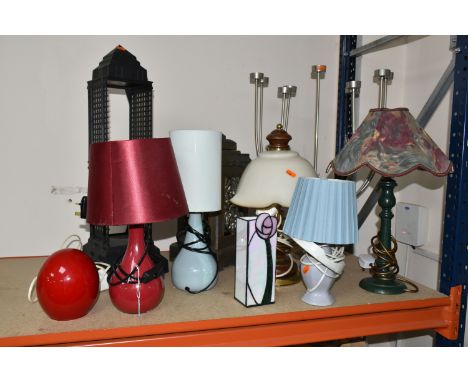 A GROUP OF LAMPS AND VASES, to include a Mackintosh inspired leaded glass vase(cracked/hole in base), six table lamps, a tall