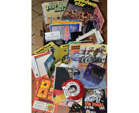 A BOX OF SPEEDWAY INTEREST, CONCORDE WALLET, POSTCARDS AND SUNDRY ITEMS, to include an enamel Birmingham Speedway badge with 