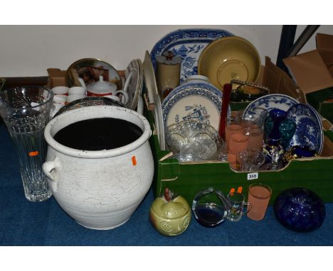 THREE BOXES OF CERAMICS AND GLASSWARE, to include two hand painted Bohemian glass vases, a mid-century lemonade set, blue and