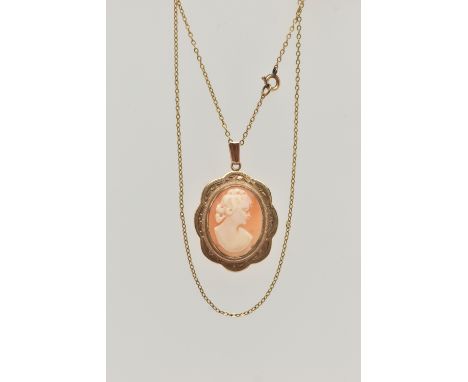 A 9CT GOLD CAMEO PENDANT NECKLACE, oval carved shell cameo, depicting a lady in profile, milgrain collet setting with a scall