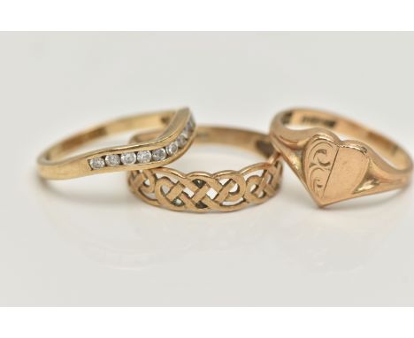 THREE 9CT GOLD RINGS, the first a heart shape signet ring, hallmarked 9ct Birmingham, ring size J 1/2, the second an open wor