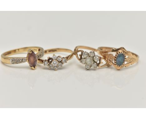 FOUR 9CT GOLD RINGS, to include a marquise cut amethyst and diamond ring, polished band, hallmarked 9ct Sheffield, stamped di