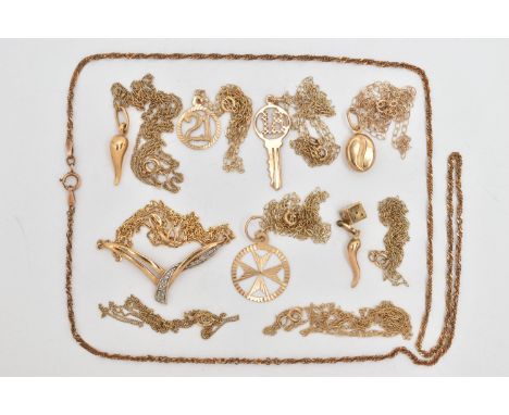 TEN FINE CHAINS WITH PENDANTS, pendants to include Italian horn, 21, 18 key, small die and Italian horn, etc fine chians, mos