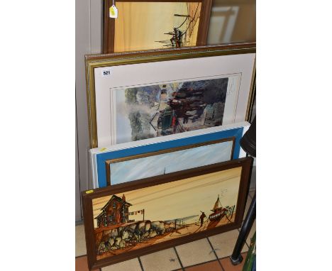 FIVE DECORATIVE PAINTINGS AND PRINTS, comprising two John Coy coastal landscape oil on board paintings, both signed and dated