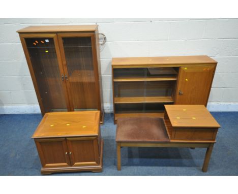 A SELECTION OF MID CENTURY TEAK FURNITURE, to include a double glazed bookcase length 84cm x depth 33cm x height 127cm, a sli