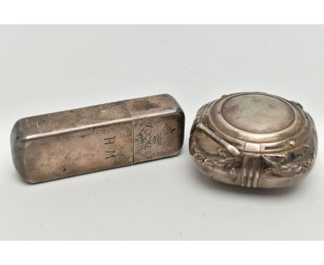 TWO WHITE METAL SWISS BOXES, the first of a square form, embossed pattern with hinged cover, makers mark 'A.G.D' Swiss contro