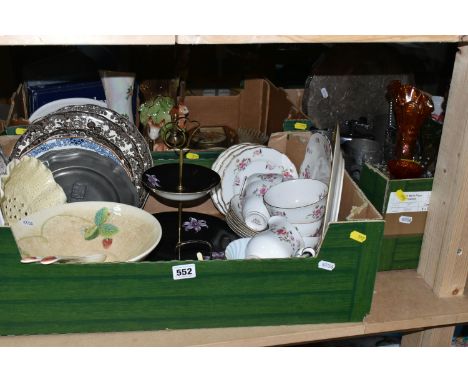 THREE BOXES OF TEAWARES, GLASS AND ORNAMENTS ETC, to include Melba rose pattern part tea set, Minton 'Symphony' breakfast bow