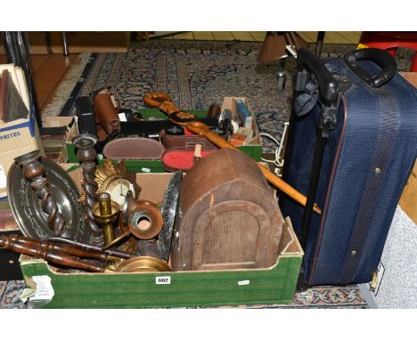 TWO BOXES OF METALWARE AND SUNDRIES, to include a small Smiths sunburst wall clock, two wooden cased mantel clocks, a vintage