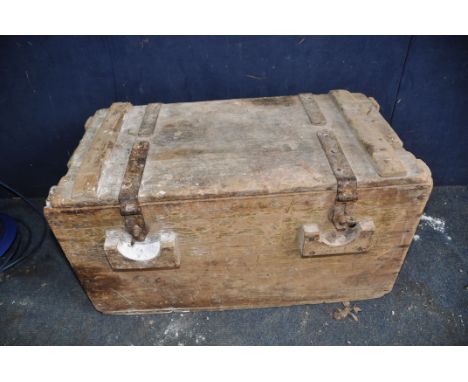 A VINTAGE WOODEN TOOL CHEST with iron banding and hinges width 67cm depth 36cm height 36cm
