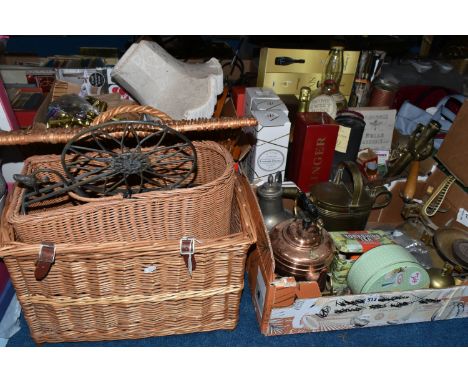 FOUR BOXES OF METALWARE AND SUNDRY ITEMS, to include a copper and brass kettle with burner stand, a brass watering can, balan