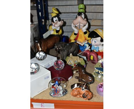 A GROUP OF PAPERWEIGHTS AND ORNAMENTS, comprising three Schmid Disney Music Boxes, a Beswick Mare (Facing Left) model no 976 