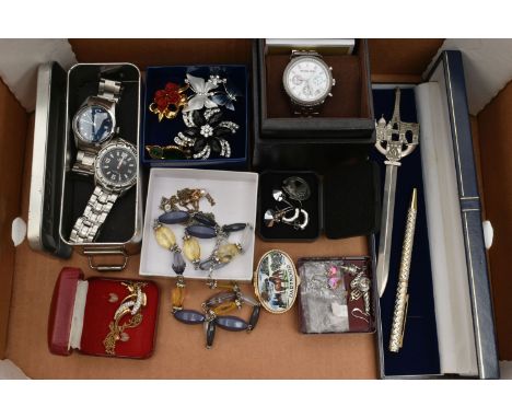 A SELECTION OF MAINLY COSTUME JEWELLERY AND WATCHES, to include a stainless steel Michael Kors wristwatch with mother of pear