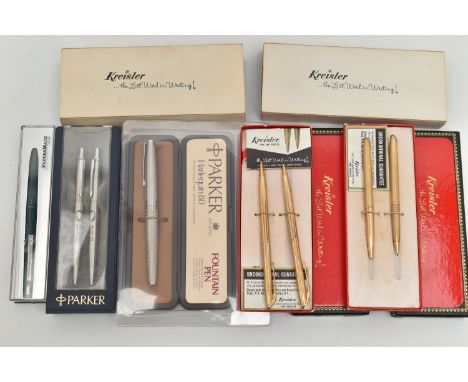 AN ASSORTMENT OF PENS AND PENCILS, to include two cased sets of 'Kreisler' 18ct gold plated ball point pen and pencil, an uno