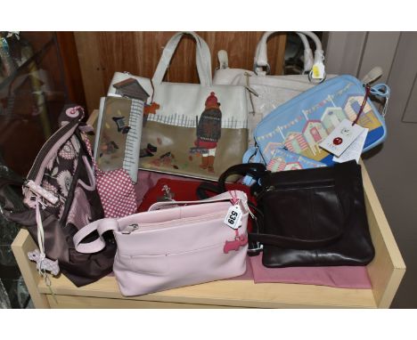 A COLLECTION OF SIX RADLEY HANDBAGS, TWO PURSES AND A MATCHING YOSHI HANDBAG AND PURSE, comprising a Yoshi cross body bag YB1
