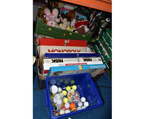 THREE BOXES OF BOARD GAMES AND TOYS, to include a quantity of soft toys, Soccerama, Monopoly, Risk, Antique Collector, Park &