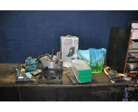 AN ALUMINIUM JAM PAN AND A BAG CONTAINING TOOLS including a Proxxon rotary tool, a Black and Decker Jigsaw, a B&amp;Q impact 