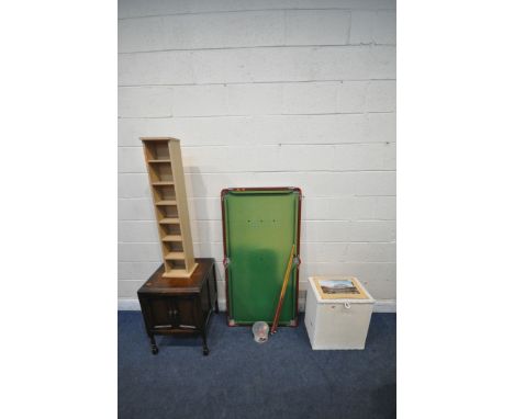 A VARIETY OF OCCASIONAL FURNITURE, to include a 20th century oak double door cupboard, 49cm squared x height 69cm, a cd rack,