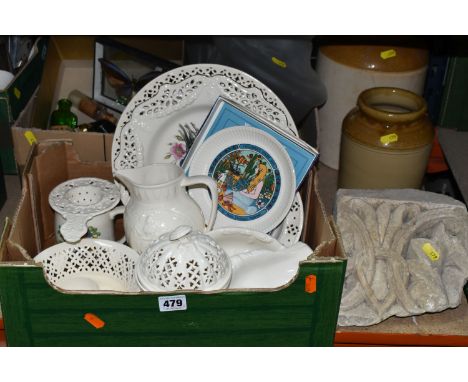 TWO BOXES OF CERAMICS AND GLASS LIGHT SHADES, to include two frosted glass ceiling shades, two graduated stoneware flagons, f