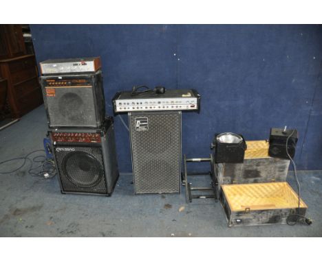 A COLLECTION OF UNTESTED AUDIO AND LIGHTING EQUIPMENT including a Roland DAC50D combo, a Carlsboro Cobra K115 combo, a vintag