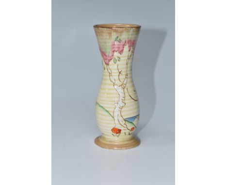 A CLARICE CLIFF 'TAOMINA' PATTERN VASE, the footed ribbed vase of elongated baluster form, painted with a coastal landscape, 