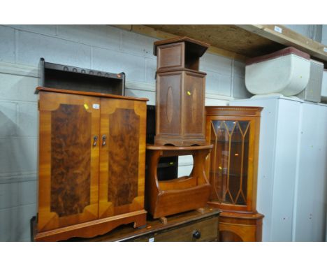 A SELECTION OF OCCASIONAL FURNITURE, to include a yew wood corner cupboard, two door cabinet, oval magazine rack, hexagonal s