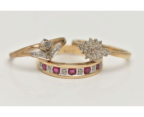 THREE 9CT GOLD RINGS, the first a ruby and small single cut diamond half eternity ring, hallmarked 9ct London, fitted with a 