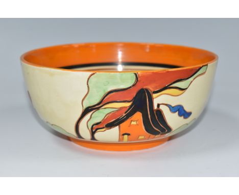 A CLARICE CLIFF FANTASQUE 'ORANGE HOUSE' PATTERN BOWL, painted with two orange houses in a fantasy landscape, with orange ban