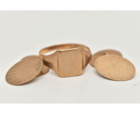 A GENTS 9CT GOLD SIGNET RING AND A PAIR OF 9CT GOLD CUFFLINKS, the polished AF rectangular signet ring, leading onto a polish