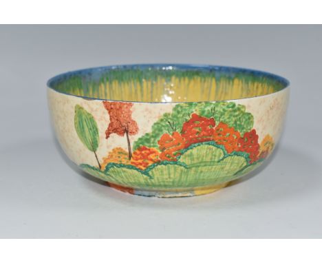 A CLARICE CLIFF PATINA 'COUNTRY' PATTERN BOWL, painted with a country landscape on a textured spattered ground, with textured