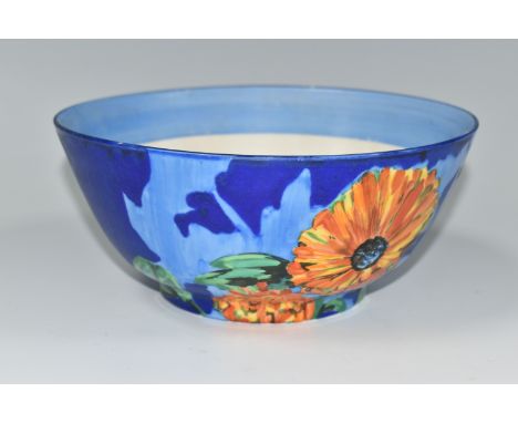 A CLARICE CLIFF BIZARRE 'MARIGOLD' PATTERN BOWL, painted with orange and yellow marigolds on a blue ground, with pale blue ba