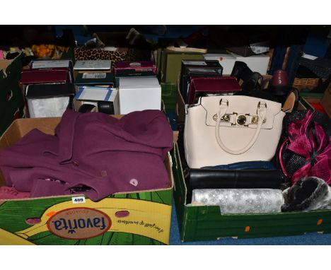 FOUR BOXES OF LADIES' SHOES AND HANDBAGS, to include over fifteen pairs of ladies' shoes, UK size 7, maker's names include Cl
