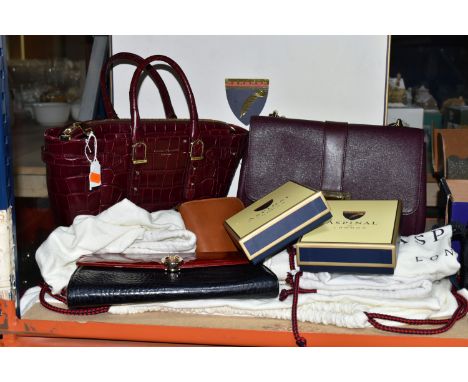 A GROUP OF ASPINAL OF LONDON HANDBAGS AND PURSE, ETC, comprising a claret textured leather bag with shoulder strap (light wea
