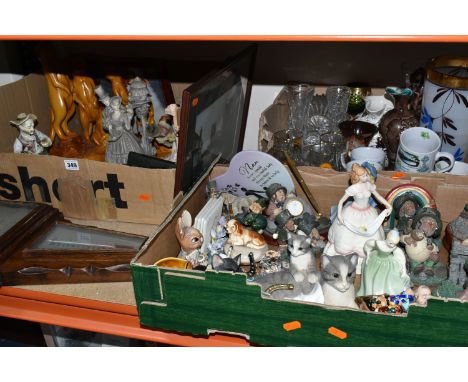 THREE BOXES OF ORNAMENTS AND SUNDRIES, to include a James Moore wall barometer, an animated musical songbook, Royal Doulton f