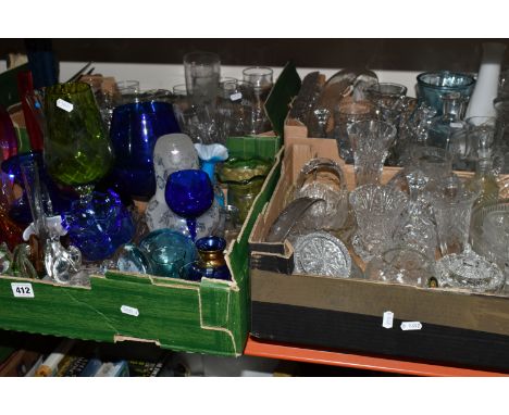 FOUR BOXES OF CUT CRYSTAL AND COLOURED GLASSWARE, to include a small Caithness vase, a red and orange glass gondola, two ship