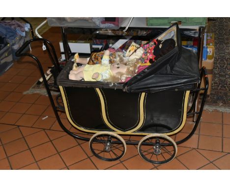 ONE BOX OF DOLLS CLOTHES AND TWO VINTAGE DOLL'S PRAMS, to include a very large quantity of assorted doll's clothes, a mid-cen