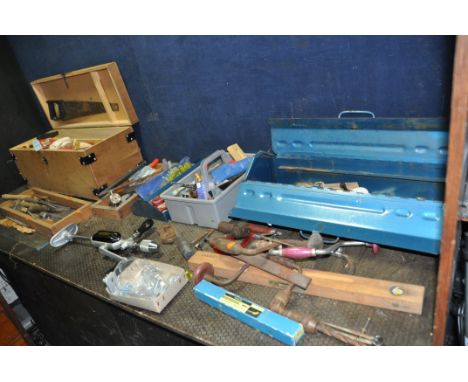TWO TOOLBOXES AND A TRAY CONTAINING TOOLS including a Stanley No748a shoulder brace, various hand braces and drills, files, t