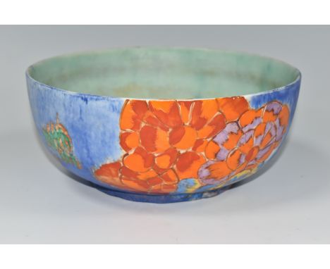 A CLARICE CLIFF INSPIRATION CLOVRE 'WATER LILY' PATTERN BOWL, painted with multicoloured flowers on a blue-lilac ground, with