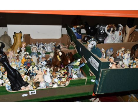 FOUR BOXES OF ORNAMENTS, to include a Beswick Clydesdale horse, Beswick Palomino foal lying down, two German Goebel figures '