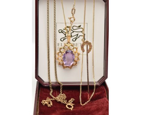 A 9CT GOLD AMETHYST PENDANT, 9CT GOLD STICK PIN AND YELLOW METAL CHAIN, a yellow gold open work pendant set with an oval cut 